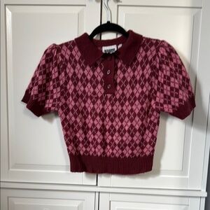 Argyle Knit Polo Top in Pink and Burgundy
